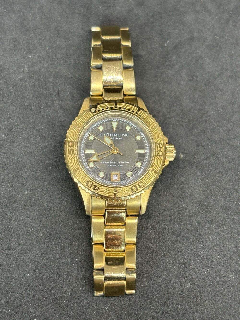 Vtg Stührling Little Lady 1162 Quartz 29mm Diver Watch Need Battery Gold Tone